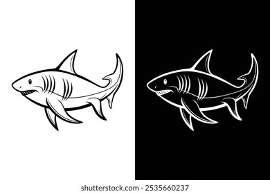 Shark silhouette vector icons on a white and black background.