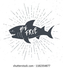 Shark silhouette vintage label, Hand drawn sketch, grunge textured retro badge, typography design t-shirt print, nautical vector illustration