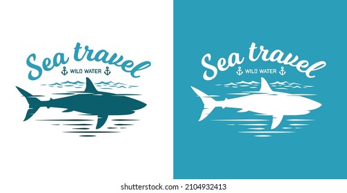 Shark silhouette with water in vintage hand drawn style. Abstract composition isolated on simple background. Color and monochrome template for print, label, emblem, badge. Vector illustration.