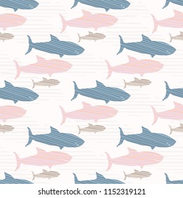 Shark Silhouette Wave, Seamless Vector Pattern Background, Drawing Baby Animal Illustration for Summer Sea Fashion Print, Kid Beach Apparel, Vacation Scrapbooking, Pink Bly Boy Girl Nursery Stationery