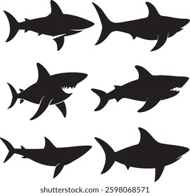 Shark silhouettes set animal pack of vector silhouette shark Silhoette Icon stock illustration