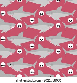 Shark and skeleton diver pattern seamless. Marine predator ate frogman background. diver's death texture