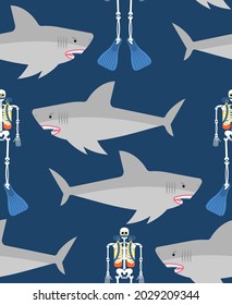 Shark and skeleton diver pattern seamless. Marine predator ate frogman background. diver's death texture