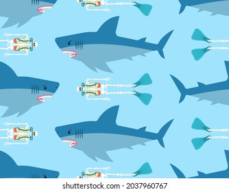 Shark and skeleton diver pattern seamless. Marine predator ate frogman background. diver's death texture