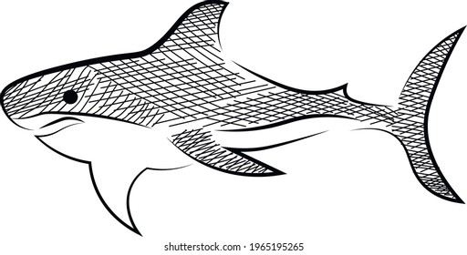 Shark, sketch, line art, vector isolated illustration on white background. Concept for logo, cards, print 