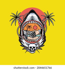 shark and skull with coconut tree