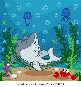 shark sleeping on the seabed - vector illustration