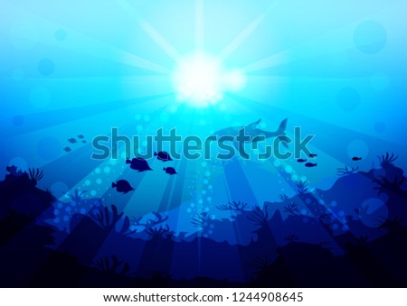 shark and small fish are circling under the water illuminated by sunlight and rays, coral reef, view with the bottom of the ocean. Realistic Vector Illustration