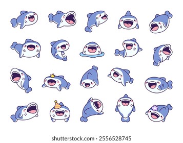 Shark smiling cartoon set with cute kawaii underwater aquatic animals featuring joyful funny adorable cheerful sea poses characters emotions expressions movements