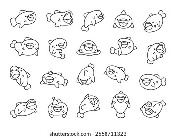 Shark smiling cartoon set with cute kawaii underwater aquatic animals featuring joyful funny adorable cheerful sea poses characters emotions expressions movements