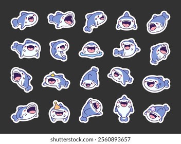 Shark smiling cartoon set with cute kawaii underwater aquatic animals featuring joyful funny adorable cheerful sea poses characters emotions expressions movements