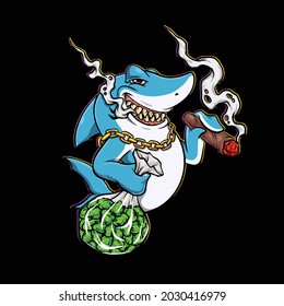 Shark Smoking Blunt Character Cartoon And Hold Bag Weed Nugs