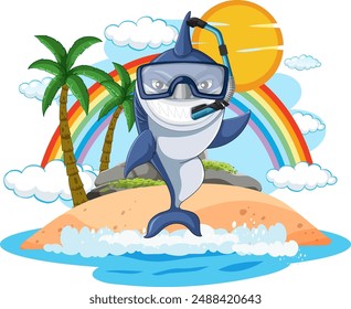 Shark with snorkel on a sunny island