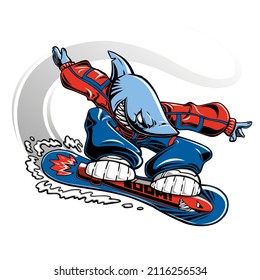 Shark snowboarding down the snowy mountains leaving a trail after him. Snowboarding concept mascot.