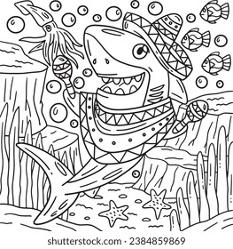 Shark with Sombrero and Maracas Coloring Page 