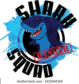 Shark squad. Typography graphic print with Shark, Abstract drawing for t-shirts. creative design for boys. 