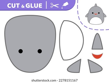 Shark. Squishmallow. Cut and glue. Applique. Paper game. Kawaii, cartoon. Isolated vector illustration eps 10