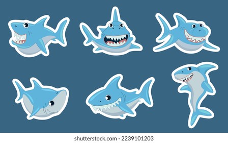 Shark stickers set. Collection of graphic elements for website. Predator with big teeth and fin, representative of underwater world. Cartoon flat vector illustrations isolated on blue background