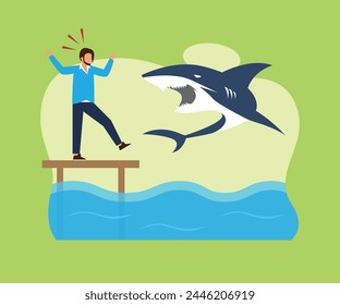 Shark strikes a businessman 2d flat vector illustration