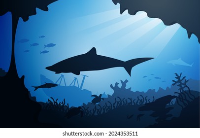 Shark Sunken Ship Wildlife Sea Animals Underwater Aquatic Illustration