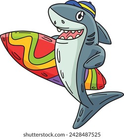 Shark with Surfboard Cartoon Colored Clipart 