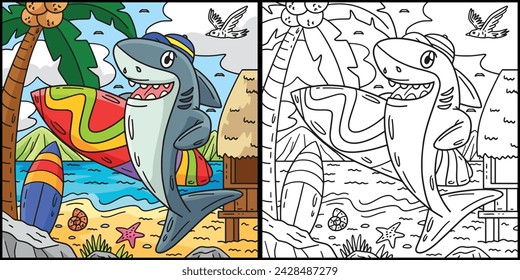 Shark with Surfboard Coloring Page Illustration