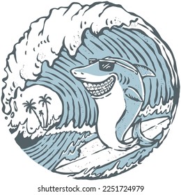 a shark surfing in a big waves