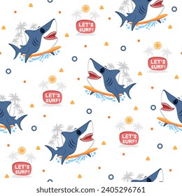 Shark Surfing Cartoon Vector Pattern Designs.
