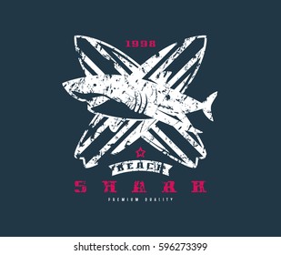 Shark surfing emblem. Graphic design for t-shirt