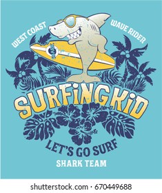 Shark  surfing kid team, vector print for children wear grunge effect in separate layer