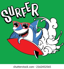 SHARK SURFING ON A BOARD IN THE WAVES OF THE SEA