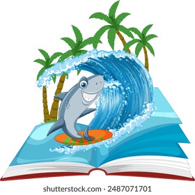 A shark surfing on a wave from a book