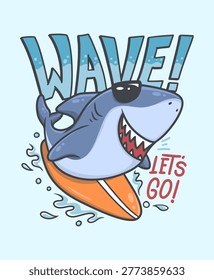 Shark Surfing on a Wave illustration hand drawn vector for print on t-shirt and other uses.