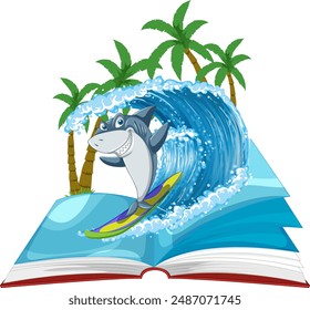 A shark surfing out of an open book