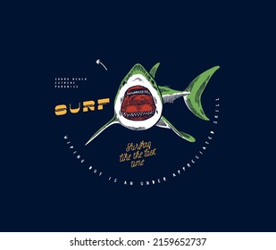 Shark surfing. Shark swimming with open mouth ready to bite silkscreen illustration vintage typography t-shirt print.