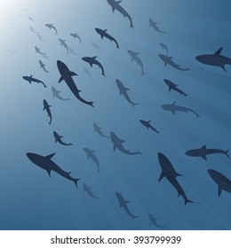 shark swarms underwater deep sea (cartoon illustration)