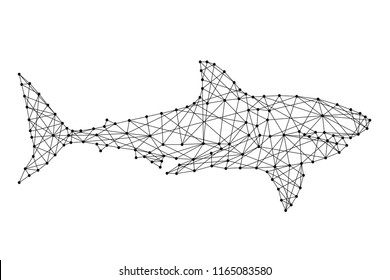 Shark swimming from futuristic polygonal black lines and dots. Vector illustration.