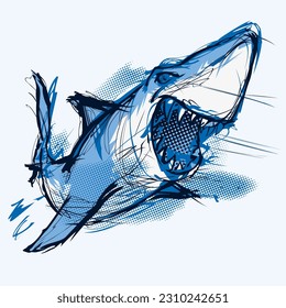 Shark swimming with his mouth open showing his teeth. Underwater scene of a blue shark with graphic lines and dotted pattern. Shark mascot of a swimming team, sport illustration concept.