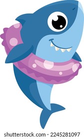 Shark in swimming ring. Funny cartoon animal character