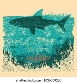 Shark swimming in sea on old paper poster background with text.Vintage sea poster on old paper