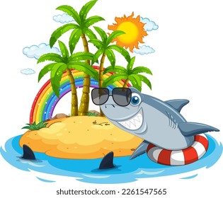 Shark swimming using inflatable ring next to island illustration