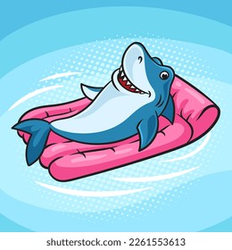 Shark swims on air mattress pop art retro vector illustration. Comic book style imitation.