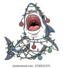 Shark tangled in lights and ornaments ferocious animal with open mouth wrapped up funny holiday mishap vector