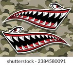 Shark teeth car decal angry Flying tigers bomber shark mouth motorcycle fuel tank sticker vector graphic on camouflage background