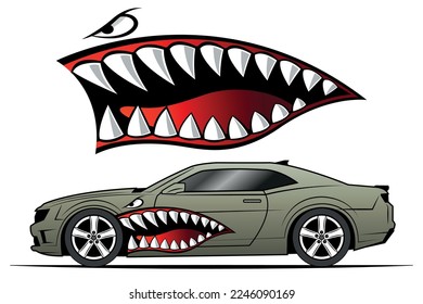 Shark teeth car decal angry Flying Tigers bomber shark mouth car sticker vector image graphic