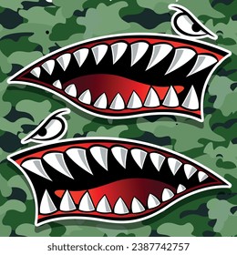 Shark Teeth Mouth Sticker Kayak Boat Car Truck Funny Decal Automobiles and Motorcycles Decal on camouflage background