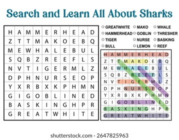 Shark themed word search puzzle with answers highlighted. Educational game for kids to learn about different shark species.