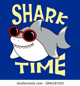 SHARK TIME TIPOGRAPHY, ILLUSTRATION OF A SHARK WITH GLASSES, SLOGAN PRINT VECTOR