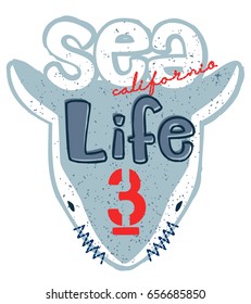 Shark top view and text "sea life" isolated on white background illustration vector, t-shirt graphic design.