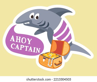 Shark with treasure chest filled with cold jewelry and money. Isolated ahoy captain, pirate party or decoration for themed event. Banner with funny fish personage smiling. Vector in flat style